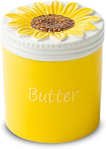 Sunflower Butter Crock Butter Keeper French Butter Dish Ceramic Cup Butter Holder With Water Line Non-Slip Design