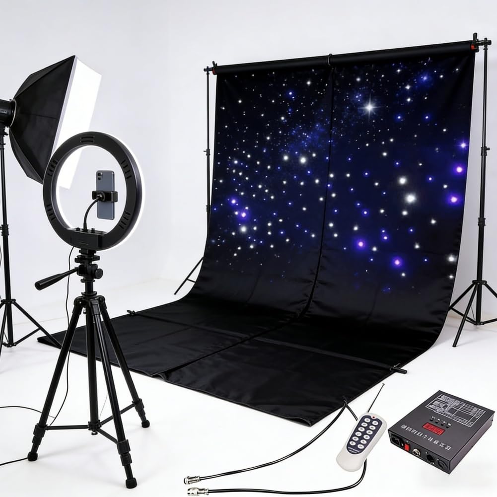 Fondo De Tela Estrellada LED, Cortina De Cielo Estrellado De Escenario con Mando A Distancia RF E Iluminación Regulable, 16-20 Leds por Metro Cuadrado, para DJ, Banda, Club, Boda, Fiesta(4x4m)