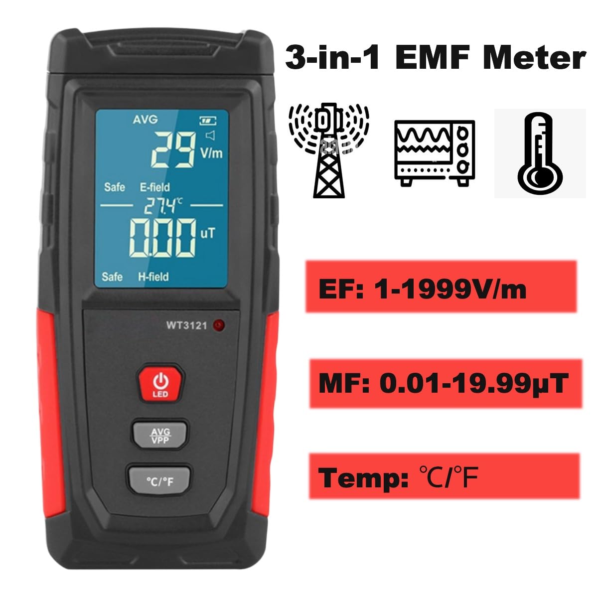 EMF Detector, Rechargeable EMF Meter, LCD Handheld Electromagnetic Field Radiation Detector, EF MF EMF Reader for Home Office Indoor Outdoor Ghost Hunting Equipment