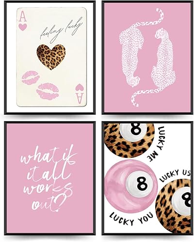ETVISO Coquette - Juego de 4 impresiones artísticas de pared de 8 bolas de guepardo retro Y2K de color rosa, con texto en inglés What If It All