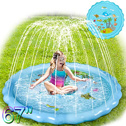 Water Splash Pad for Kids, 67'' Big Splash Pad, Dog Splash Pad Baby Sprinkler Pad Large for Dogs Splash Mat Sprinkle and Play Pads Pool for 3 4-8 10-12 Year Olds for Outdoor Backyard, Light Blue