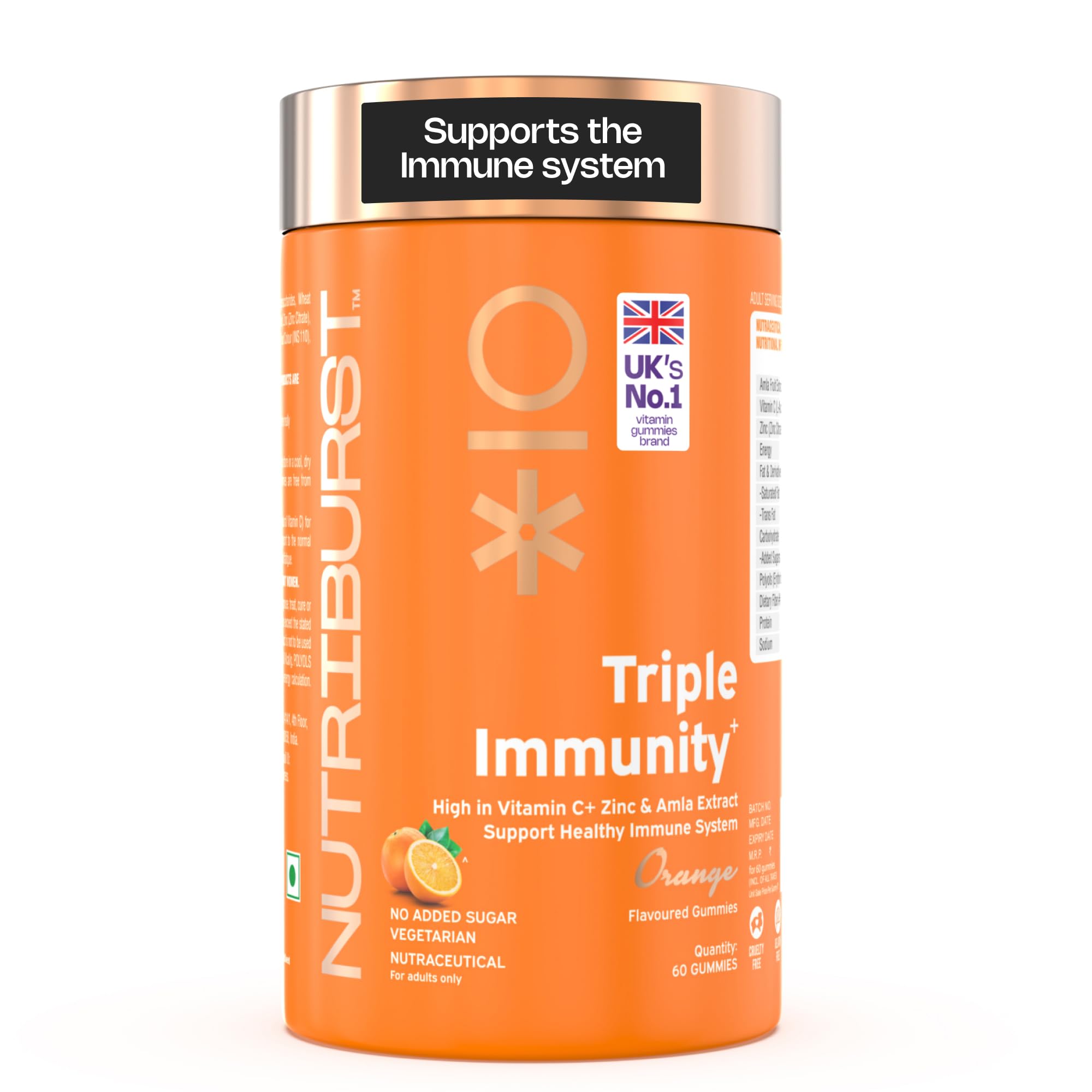Nutriburst Triple Immunity Gummies with Vitamin C, Zinc and Amla extract | No-Added Sugar | Orange Flavor | 100% Vegetarian | 60 Gummy