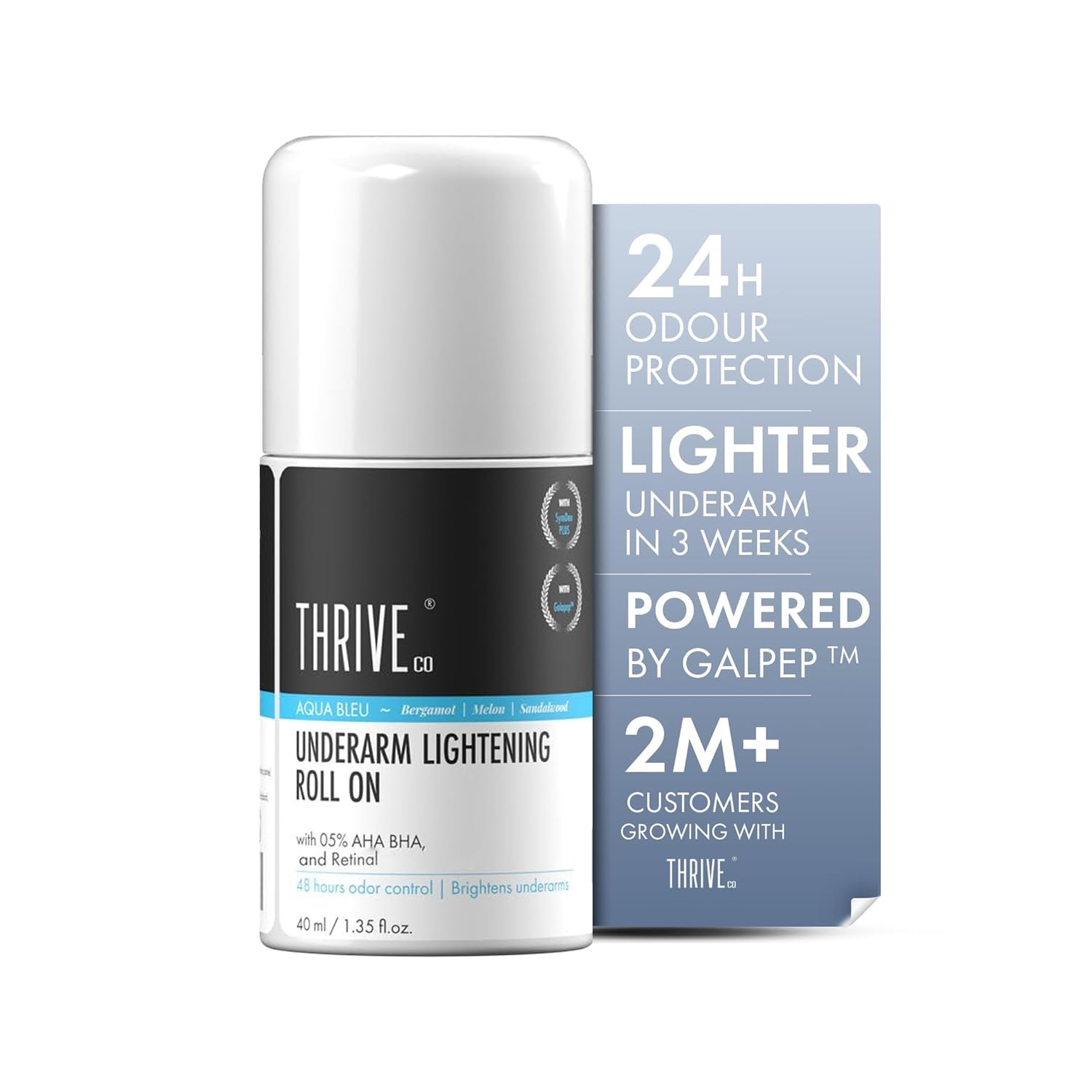 ThriveCo Underarm Lightening Roll-On with 5% AHA BHA & Retinol – 24H Odour Control, Brightens Underarms & Reduces Discolouration for Smooth & Even Skin, For Men & Women | Aqua Bleu | 40 ml-image-1