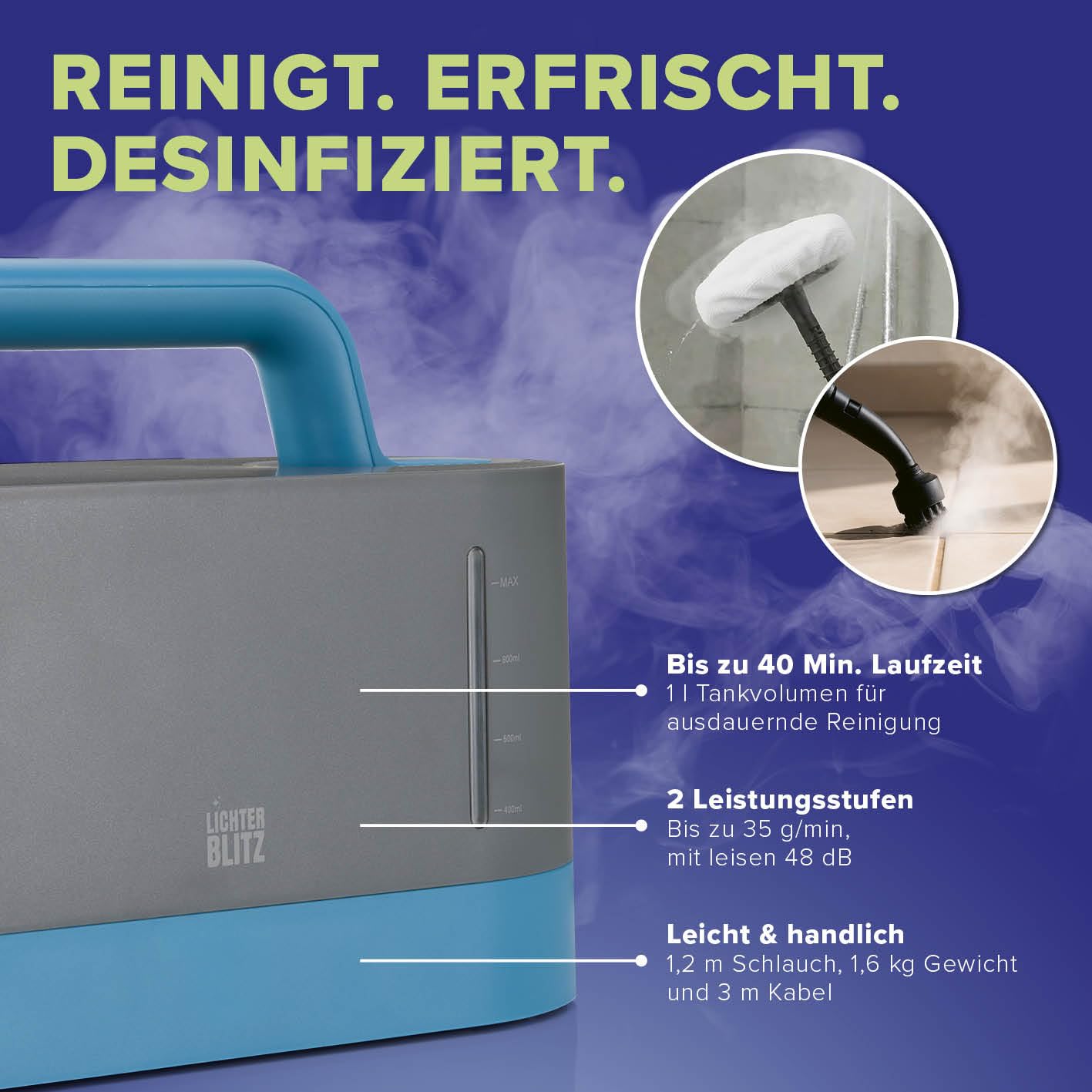 Dampfreiniger Handgerät - kraftvolles 100 °C Dampf Polsterreiniger Gerät, entfernt bis zu 99,9% Keime ohne Chemie | mit Dampfhandschuh, 7 Aufsätzen | 45 Min Laufzeit, 1 l Tank, 1200 Watt