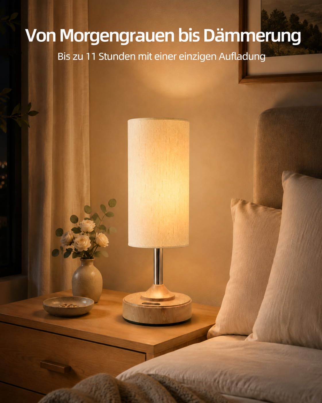 EZVALO Nachttischlampe Touch Dimmbar, Kabellose LED-Tischlampe mit 4000-mAh-Akku, Stufenlos Dimmbar und Timer, Einschlaflicht mit USB-C, 2700 K Warmweiß für Schlafzimmer und Wohnzimmer (2 Stück)