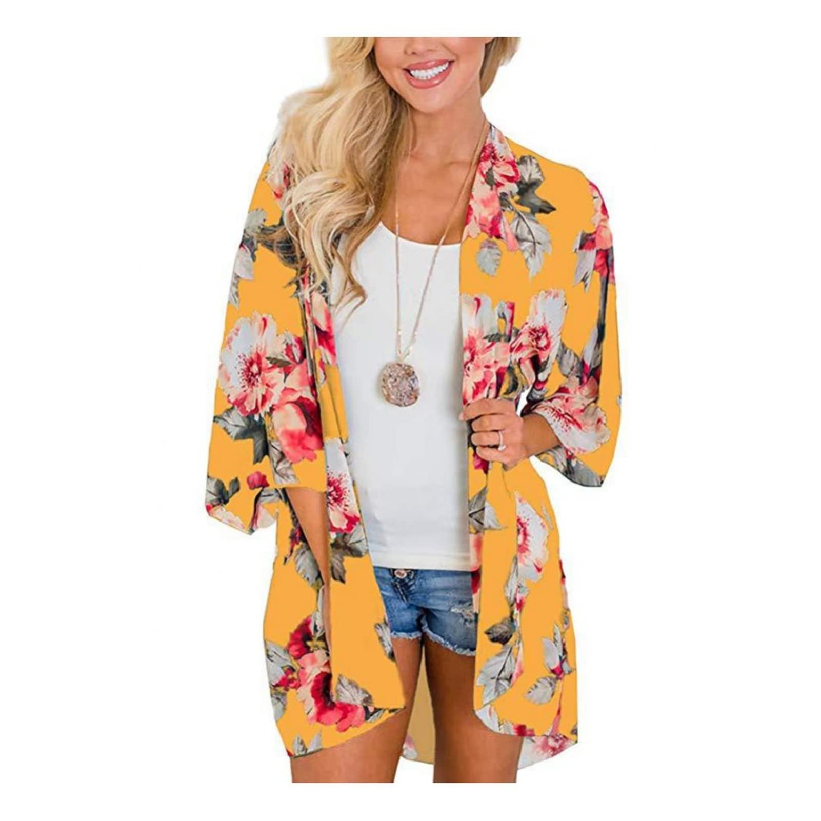 Lemoiitea Dames strandsjaal bloemen cover-up vest chiffon print blouse Boheemse zonnebrandcrème uitloper jassen UK vakantie strandkleding zomer casual blouse badmode vest badpak, Rood03, 5XL