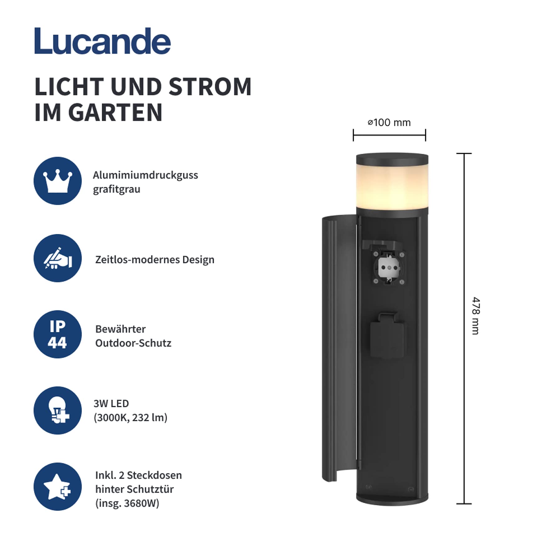 Lucande LED Sockelleuchte/Wegeleuchte mit 2 integrierten Steckdosen, Gartenlampe 47,8 cm spritzwassergeschützt IP44 3W