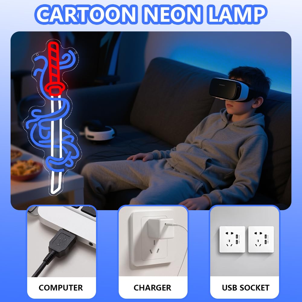 Insegna al neon con spada, anime samurai giapponesi, per adolescenti, decorazione per stanza dei giochi, luce per camera da letto, decorazione da parete, alimentata tramite USB, per ragazzi e