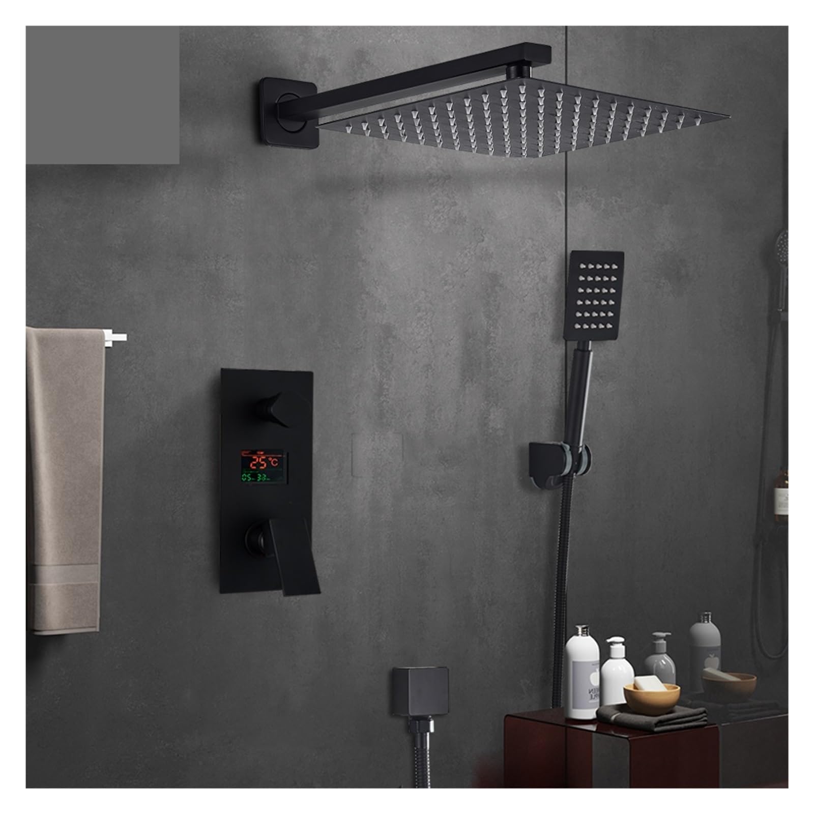 Set Rubinetto Doccia for Bagno Nero Opaco, Doccia for Vasca con Display Digitale Rain Black, Miscelatore for Vasca con Doccia a Cascata(2-Ways 16 inch)