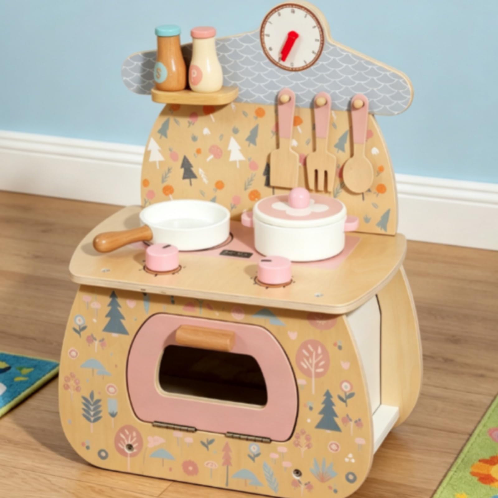 Colcolo Kinderküche Holz Spielküche mit Herd Backofen Kochfeld Pfanne Topf Küchenzubehör mit Knöpfen Und Spritzschutz aus Holz für Kleinkinder Spielzimmer Tagespflege