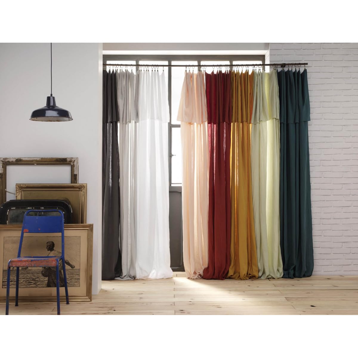 OUREA - Rideau Ajustable 140x300 cm Gaze de Coton Pampa + 8 Anneaux Pince