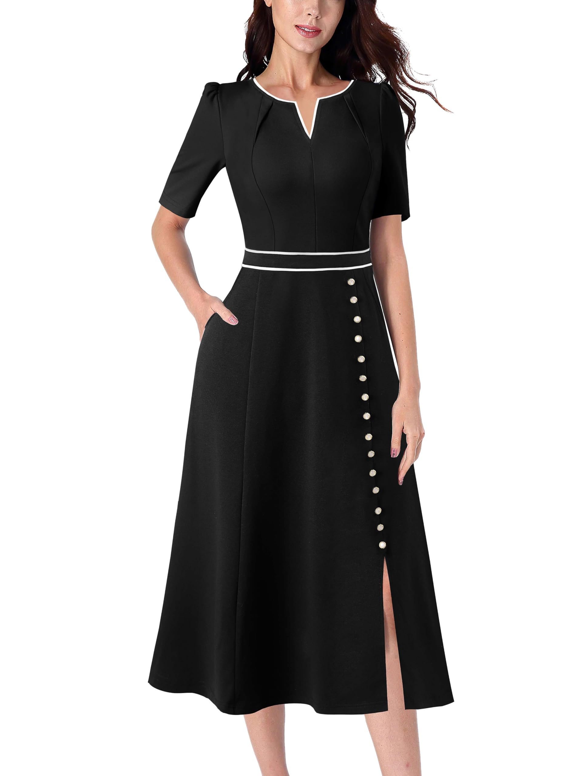 VFSHOW Women Pleated Notch V Neck Pockets Buttons Work Office Business A-Line Midi Dress