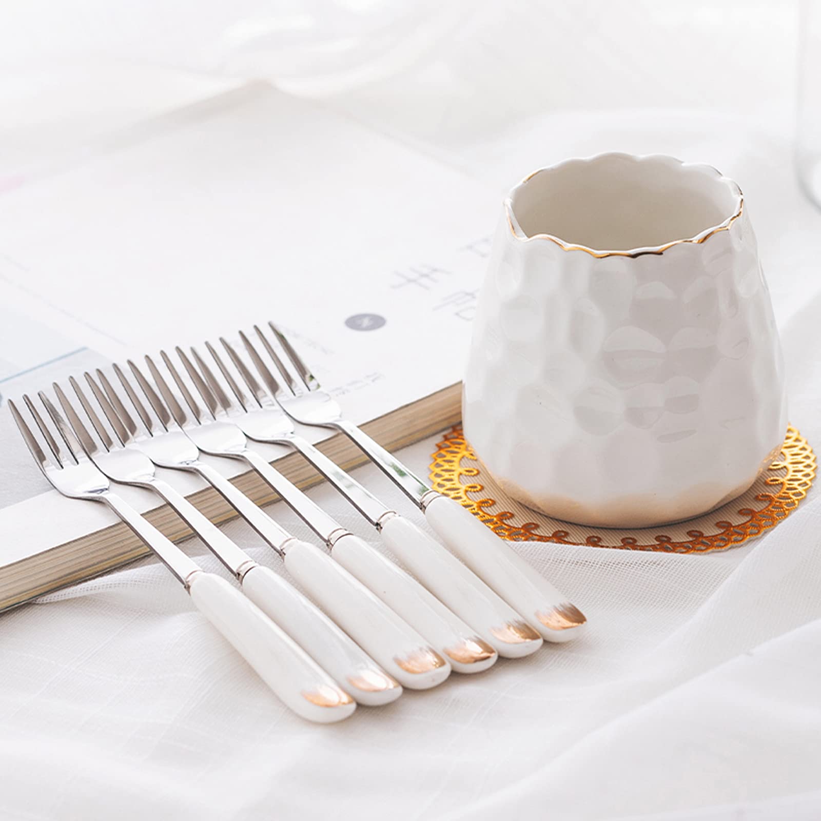 Ceramiche Squisite ， Set Di 6 Cucchiai Forchetta for Torta Con Manico In Ceramica In Acciaio Inossidabile Con Manico In Ceramica Da 6 Pezzi, Con Barattolo In Ceramica, Set Di Posate Da Dessert, for Fe