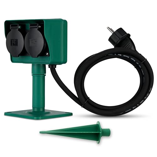 REV Gartensteckdose - 2-Fach Outdoor Steckdose, IP44 Spritzwasserschutz, 1,4m Gummikabel, mit Erdspieß & Bodenplatte für Flexible Montage, grün
