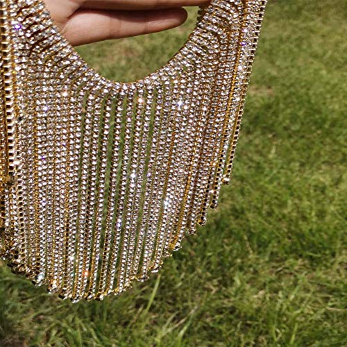 Pawkyjar 0.5 Yard Gold Rhinestone Ribbon Tassel Chain Fringe Diamond Bridal Trim Fringe Crystal Applique Accessories