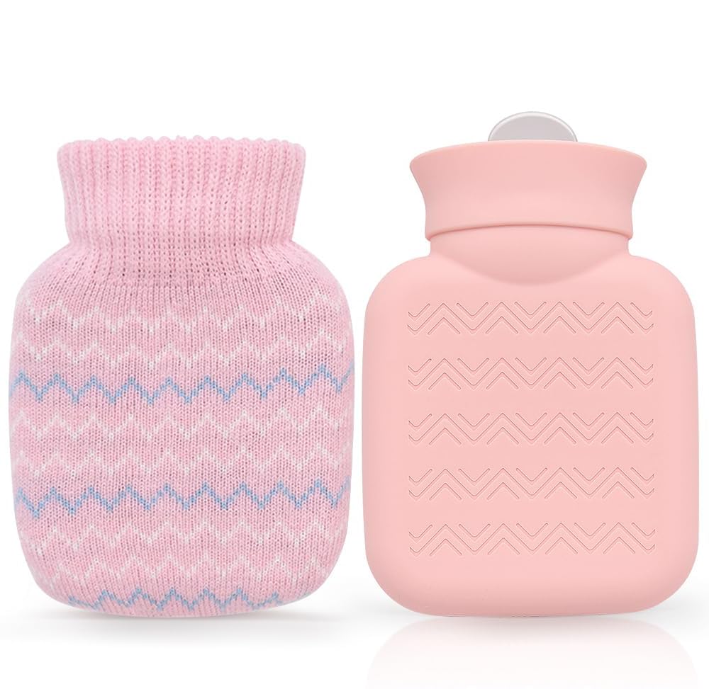 Sweet seven 300ml Mini Hot Water Bottle with Knitted Cover - Pain Relief for Waist, Back, Neck, Shoulders - Leak-Proof, Removable Cover - Women, Kids, Great Gifts(10.3 x 16 cm)