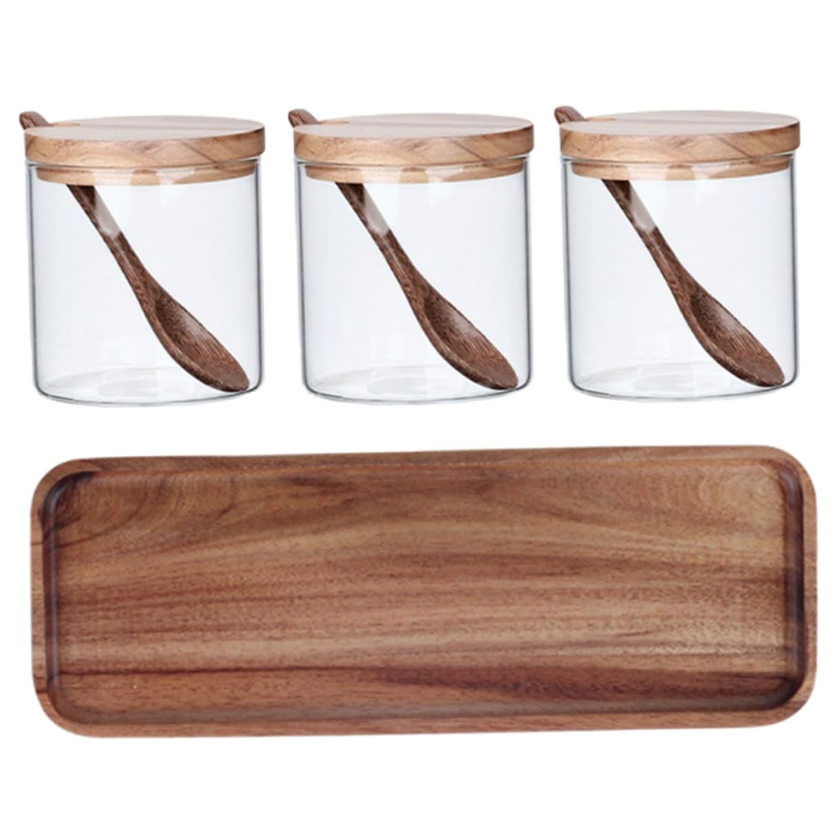 TOYANDONA Glas Gewürzbehälter Holzdeckel und Löffel Küchen Organizer Tablett Luftdicht Platzsparend Gesundes Material für Gewürze Granulate und Flüssigkeiten
