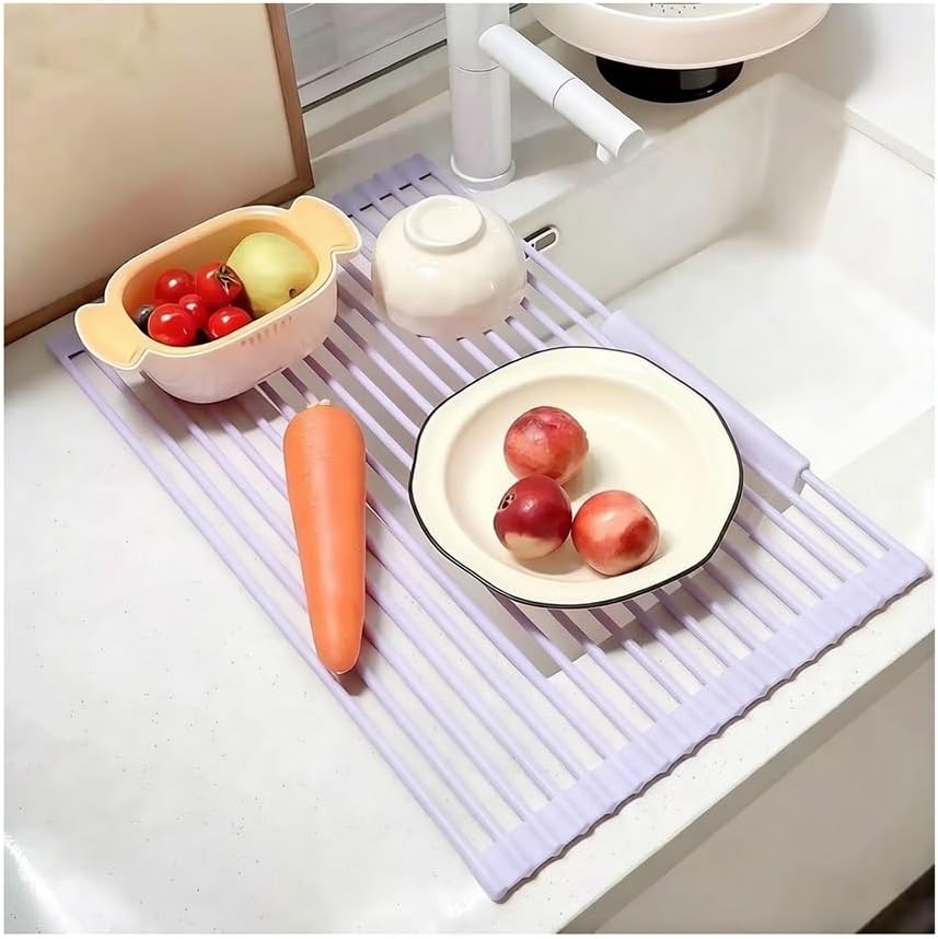Roll Up Dish Drying Rack, Silicone Wrapped Over The Sink Dish Drying Rack, Multipurpose Foldable Sink Drying Mat Organizer, Anti-Slip Dish Rack for Kitchen Counter(Purple,42x24cm/16.5x9.4in)