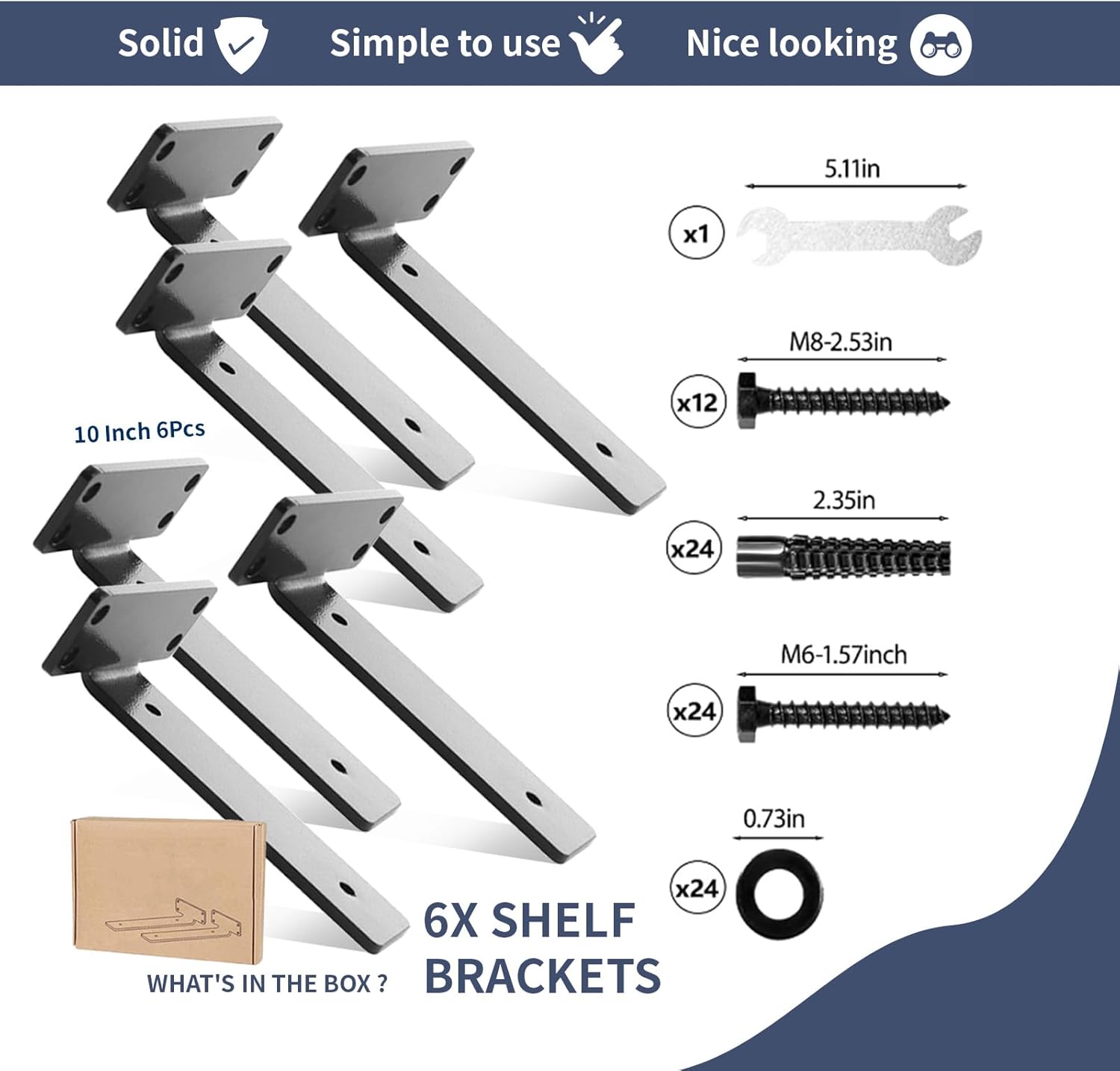 [6 Pack] FMhotu 10 Inch Floating L Shelf Bracket for Wall, Heavy Duty 1/5” Thick Industrial Shelf Brackets W/ Modern Metal Finish, Black Hidden Shelves Mounting Brackets to Maximize Your Storage Space