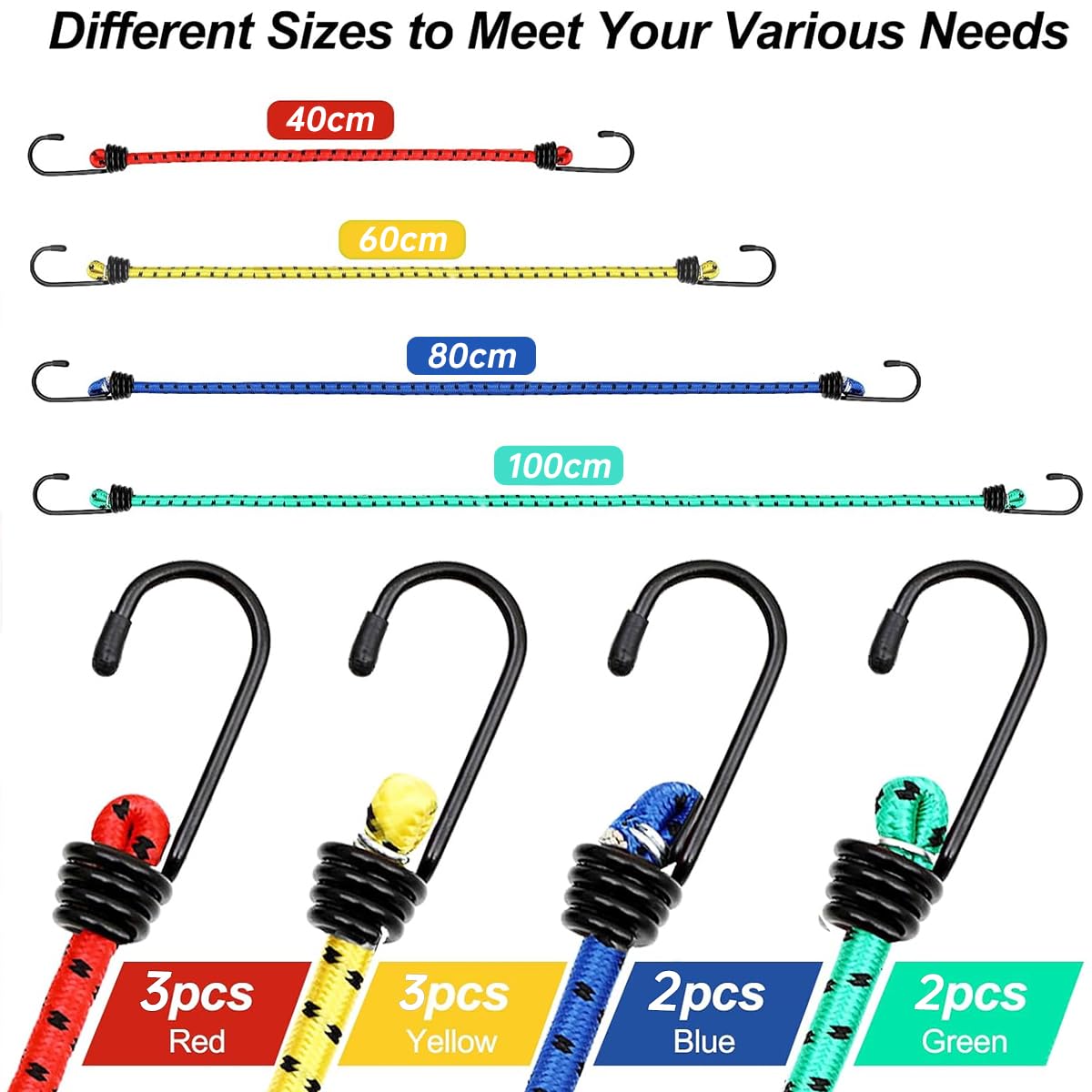 Set 8 Cordo Elastiche Con Ganci - 40, 60, 80, 100 Cm | Per Bagagli, Teloni, Bici E Auto | Resistente E Multiuso - Foto 6
