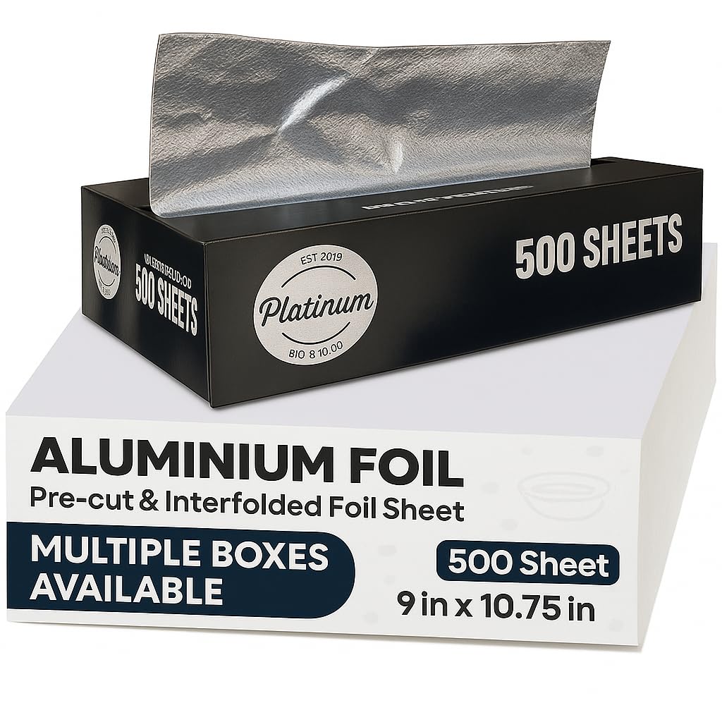 Platinum Pre-Cut Aluminum Foil Sheets 27 X 22.5 cm” – 500 Count Pack | Disposable Foil for Food, Catering, Restaurants, Hair Salons – Embossed, Pop-Up