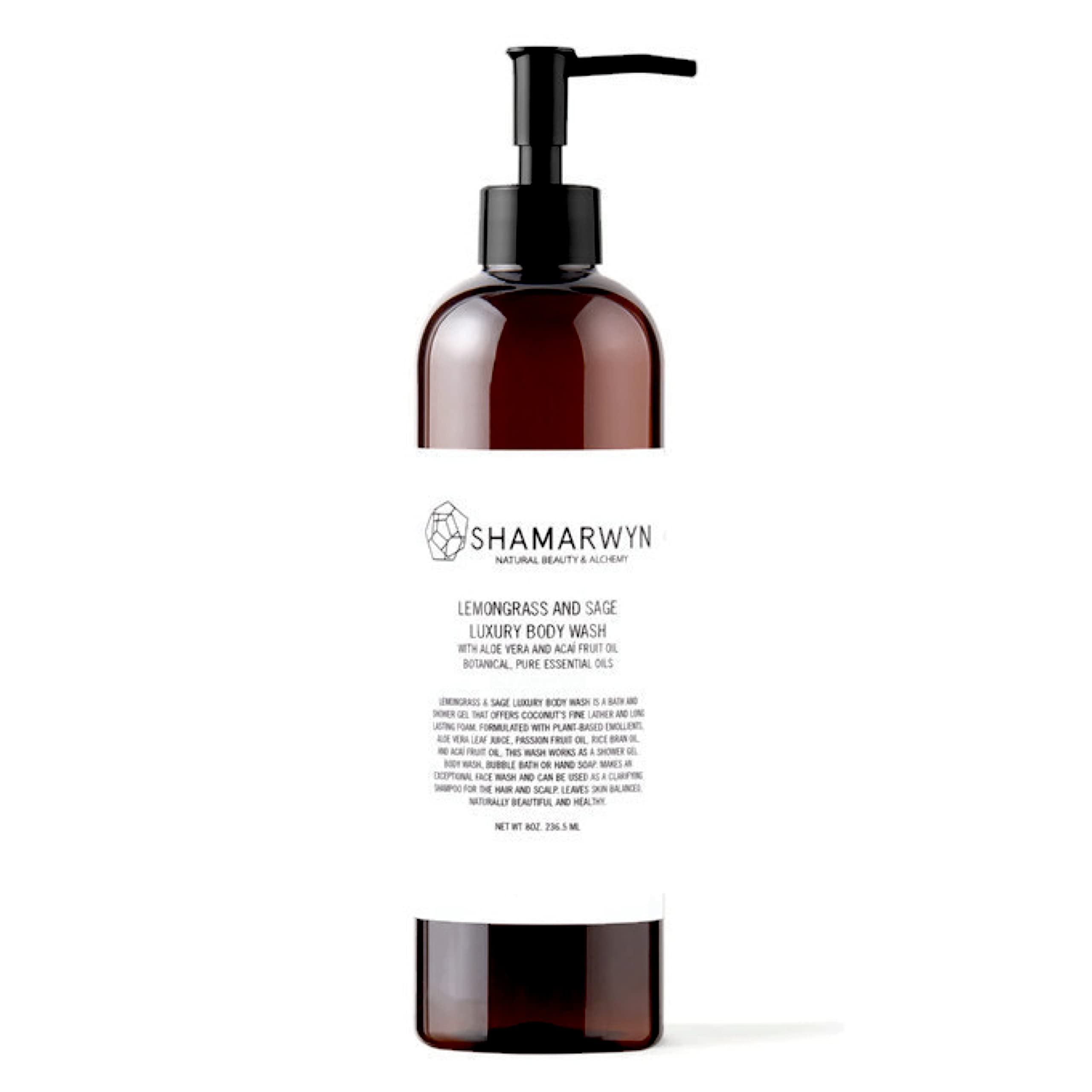 shamarwyn Body Wash, Lemongrass and Sage, Natural, Organic, Hydrating with Aloe Vera, Acaí Fruit Oil 8oz