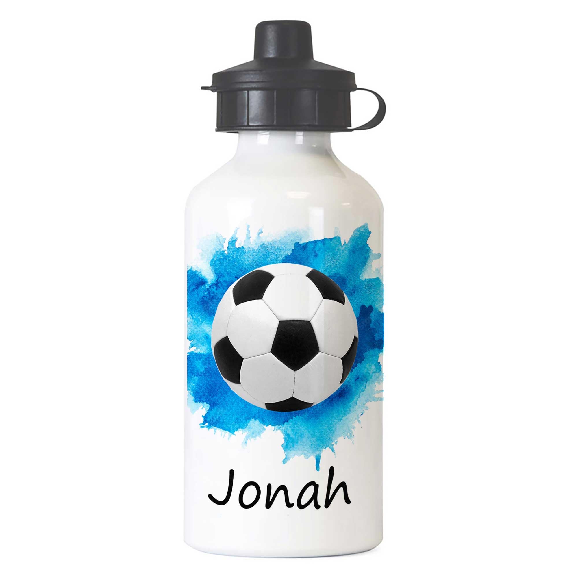 Tigerlilyprints Personalised Aluminium Water Bottle for Boys – 400ml –Kids School Sports Bottle, Metal print on both sides - more designs (Football blue splash)
