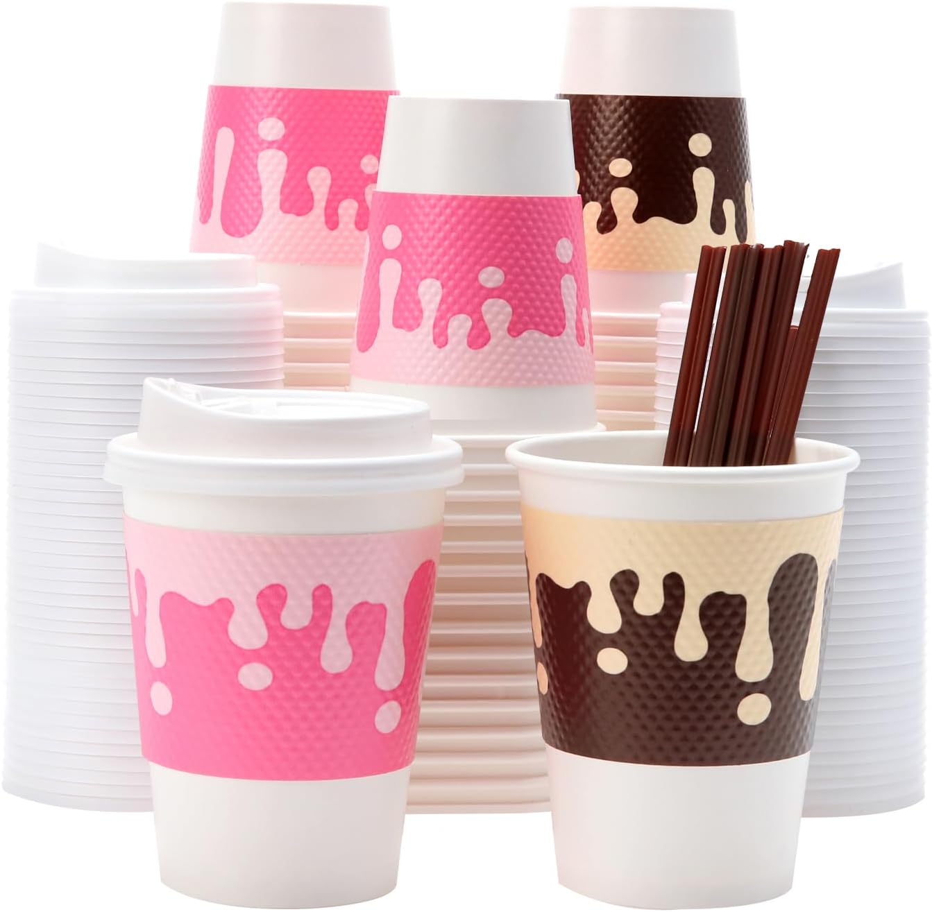 Tamone 48 PACK 12OZ Disposable Coffee Cups with Lids, Sleeves and Stirrers, Pink and Brown 12OZ Paper Cups To Go Coffee Cups with Lids Leak Proof, White Paper Cups for Cold/Hot Beverage Chocolate