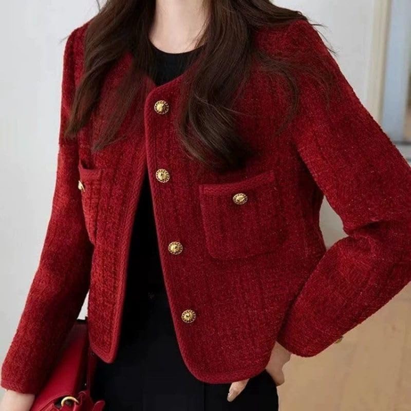 CHONG FENG XIA Autumn Winter Women's Short Tweed Blazers - Loose Red Single-Breasted Suit Jacket