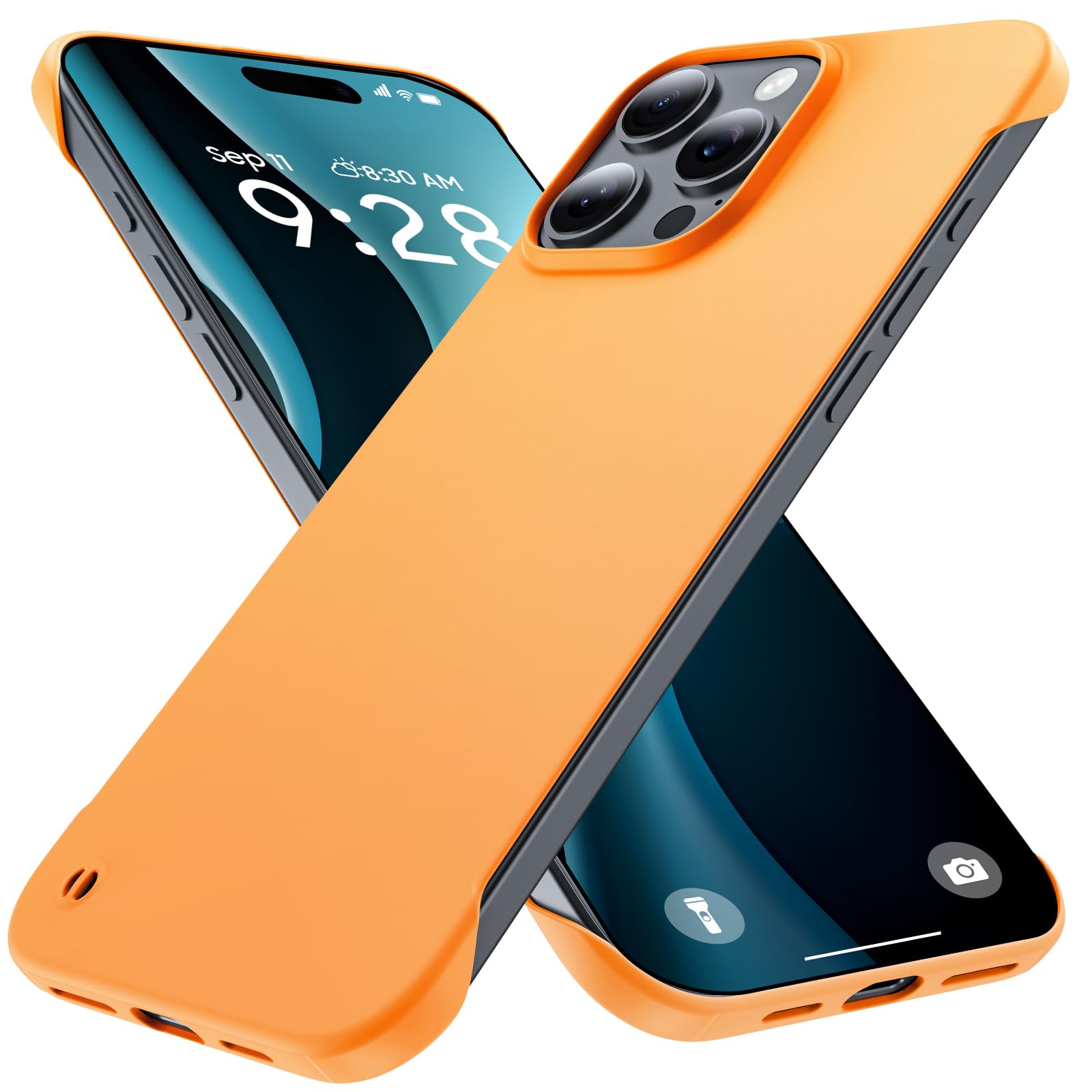Slim Borderless for iPhone 16 Pro Phone Case 6.3"(2024) Ultra-Thin Lightweight Frameless Matte Hard PC Cover Case with Pull Ring Shockproof Non Slip Rope,Suppor Wireless Charging-Orange