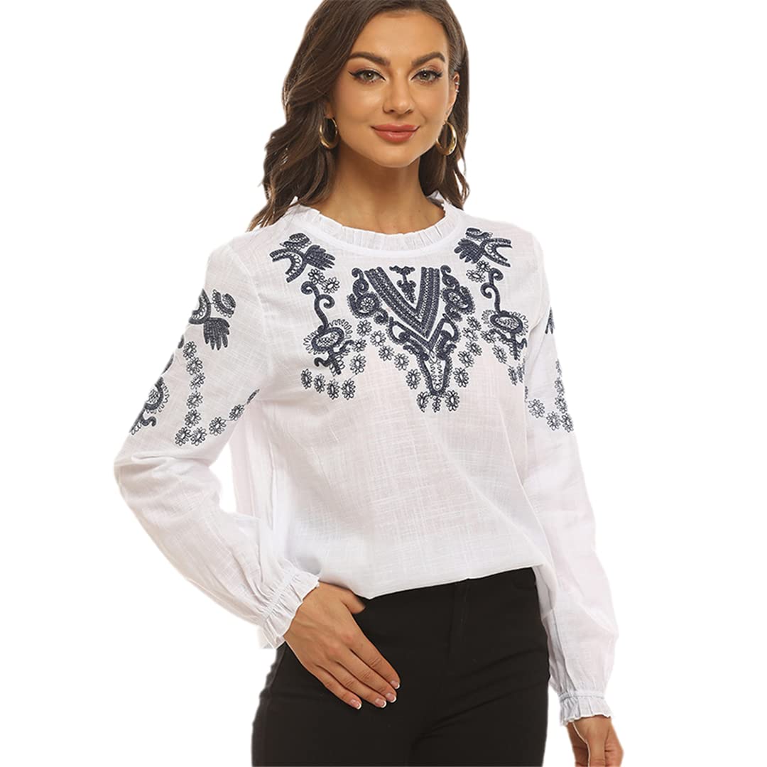 Boho haftowane bluzki koszula okrągły dekolt biała bawełniana koszula vintage długi rękaw damski etniczny top