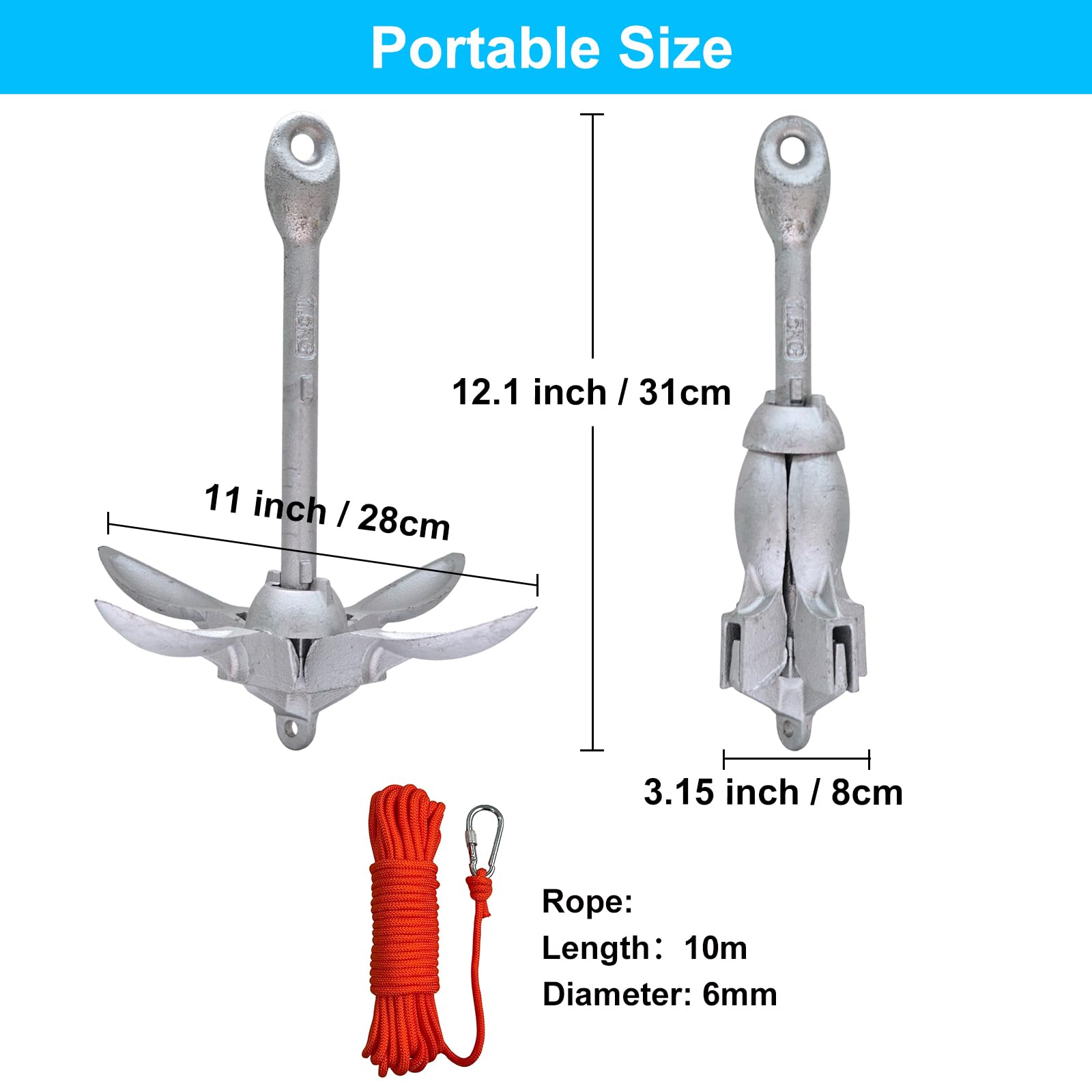 BeGrit Verzinkt Anker Gusseisen Faltanker 1,5KG Ankerset mit Ø 6mm 10 Meter Ankerleine Für Boot SUP Paddle(Silber)