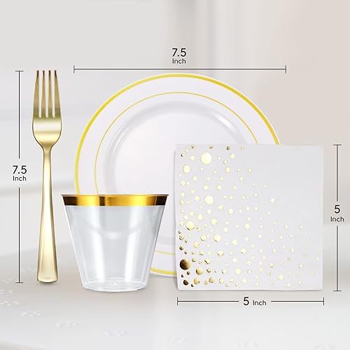 Miniatura 3 de The Essential Concierge Elegantes platos dorados de postre de 7.5 pulgadas con tazas, tenedores y servilletas de cóctel desechables (juego de 100