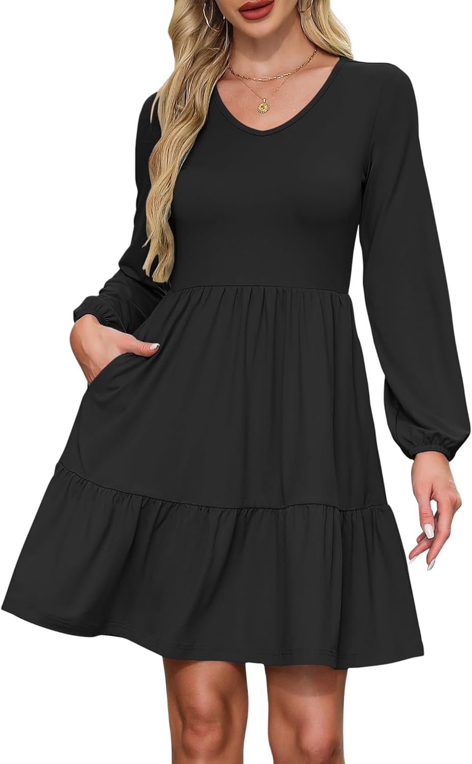 AUSELILY Womens Long Sleeve Dress 2025 Fall Casual V Neck Tiered Swing Flowy A-line Mini Short Dresses with Pockets - Image 4
