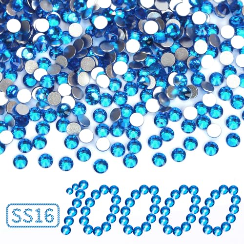 Image of 10000PCS Capri Blue Rhinestones Bulk, Flat Back Crystal Glass Stone Round Gems,SS16, 3.8-4.0mm