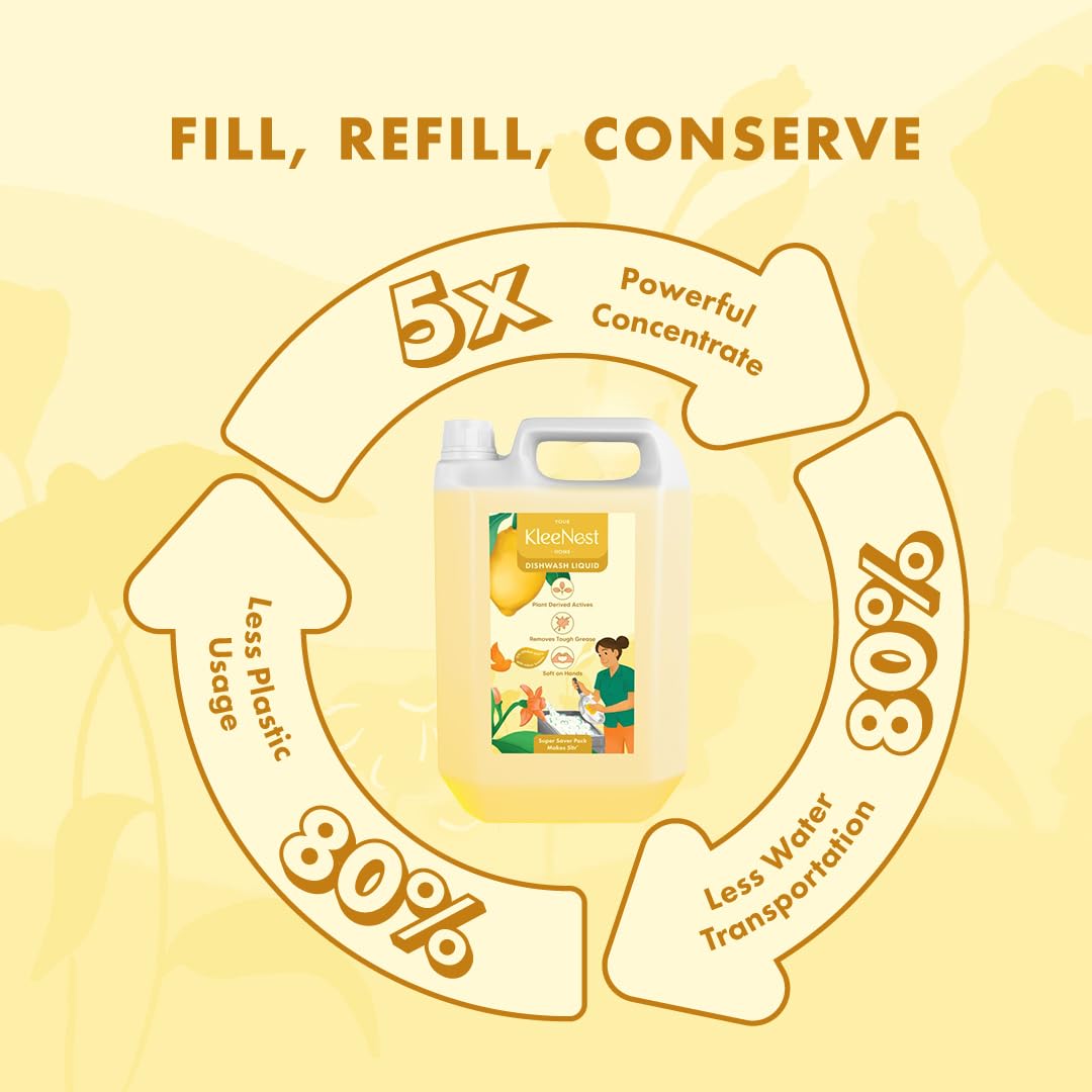 Kleenest Natural Dishwash Liquid | Lemon Odour Busters, Removes Tough Grease | Plant-Derived, LABSA & Paraben Free | Safe for Baby & Pet Utensils | 5 litre 2