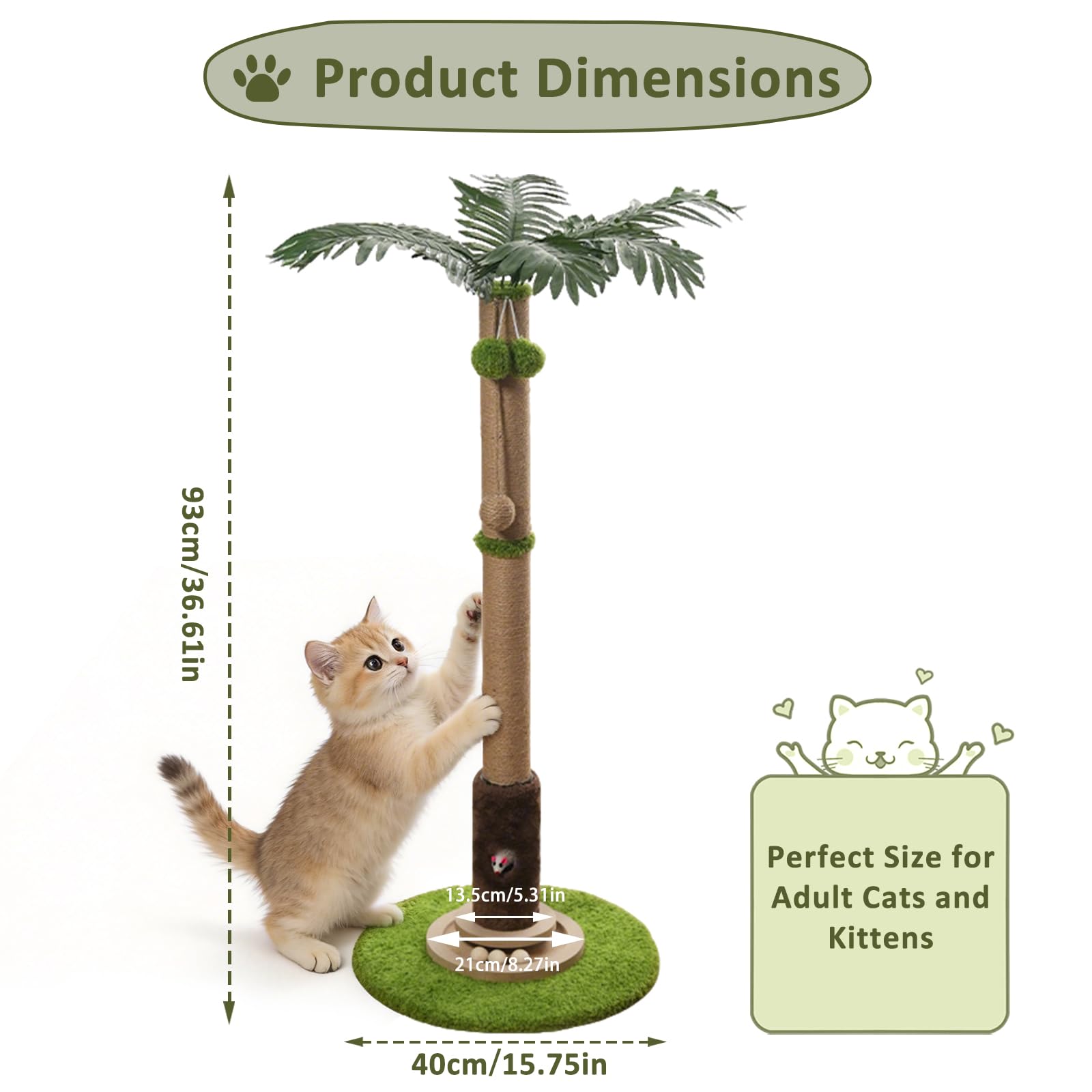 93 cm Kratzbaum, niedlicher Sisalseil-Kratzbaum mit baumelnden Bällen für Kätzchen & kleine Indoor-Katzen, langlebige und interaktive Kratzbäume (L)