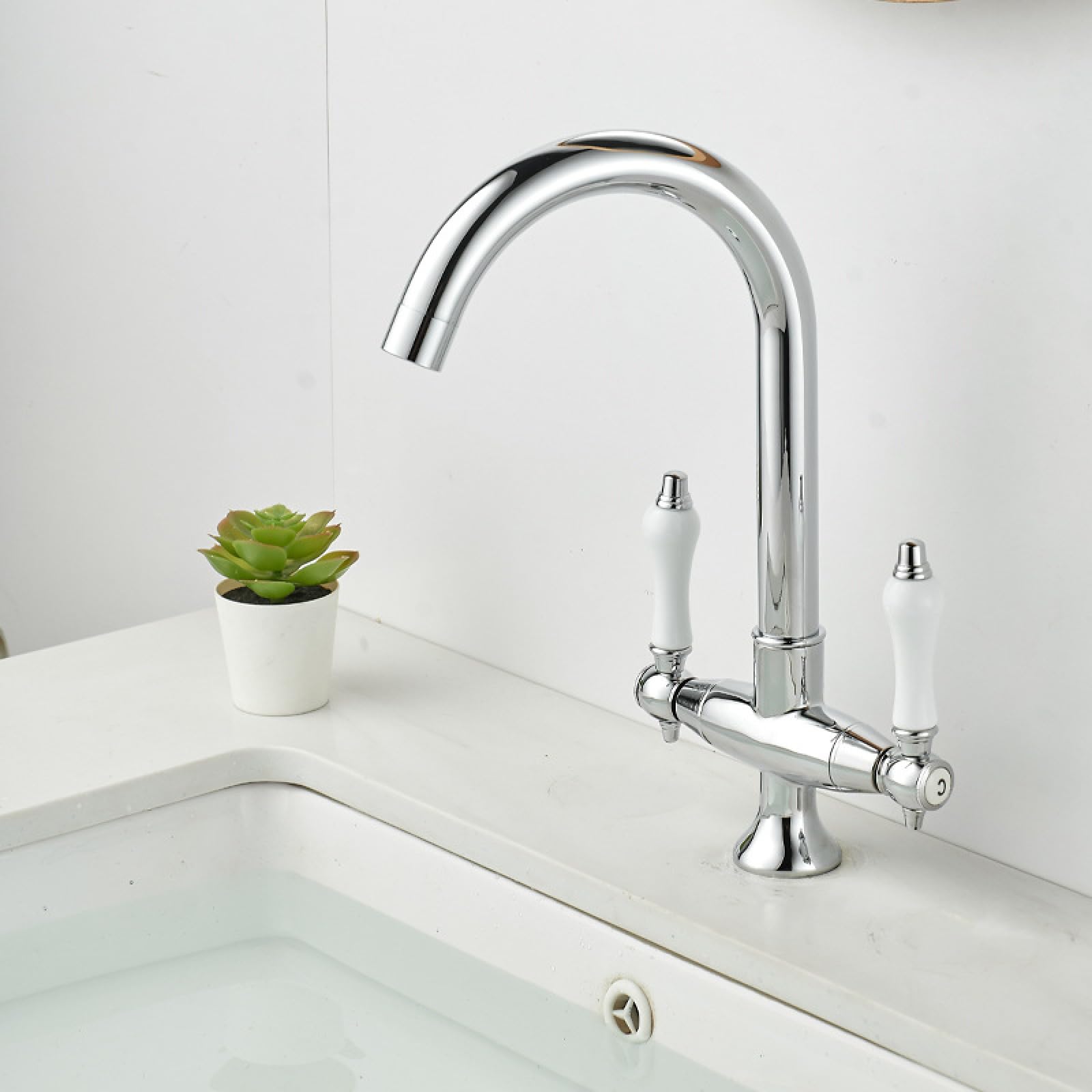 Fanjubei Electroplating Kitchen Double Handles, Vegetable Basin, Sink, Hot And Cold Water Faucet, Electroplated