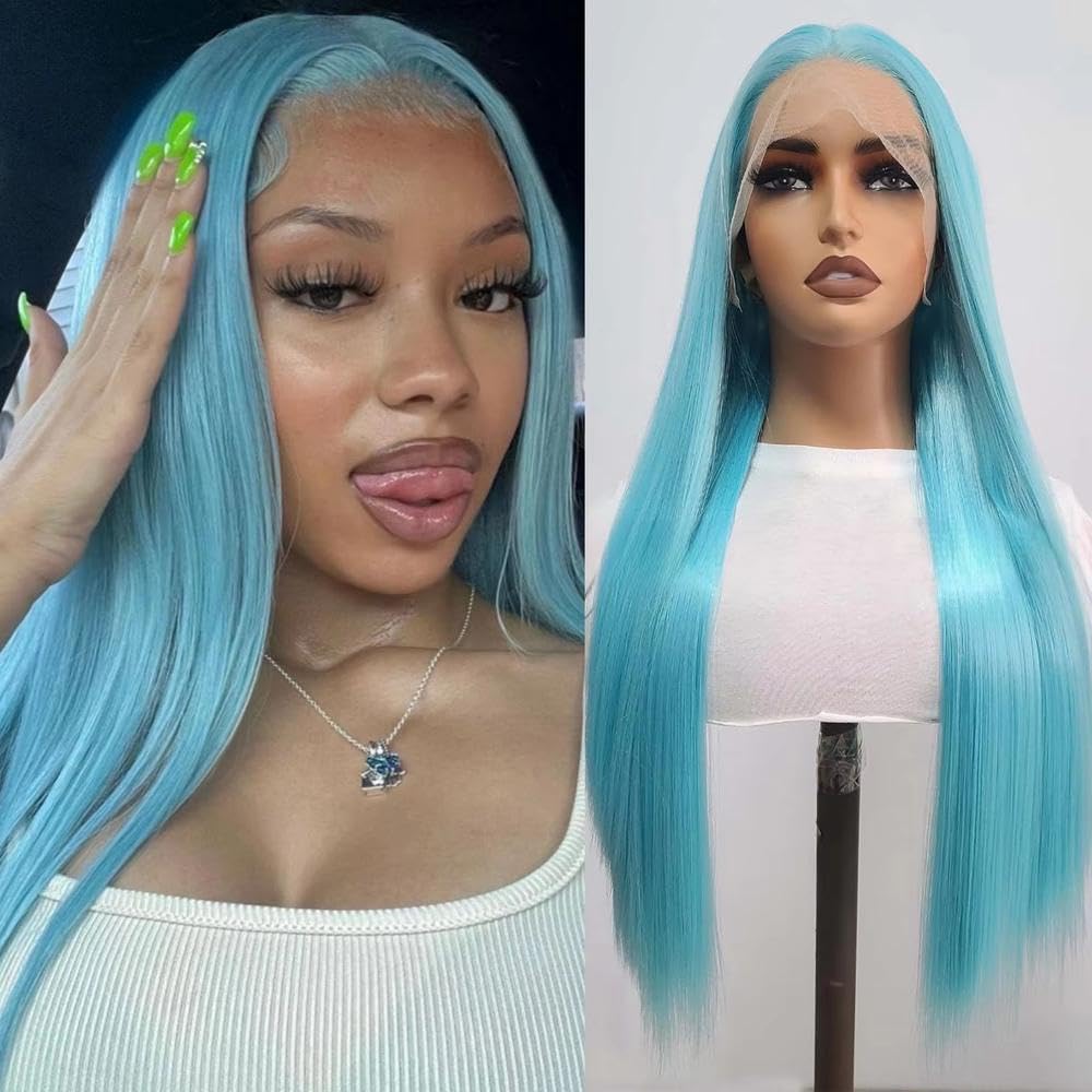 Haarpflege Hellblaue Lange Gerade Spitzenfront-Perücke Für Damen Ohne Kleber Bereit Für Tragen Für Cosplay-Partys