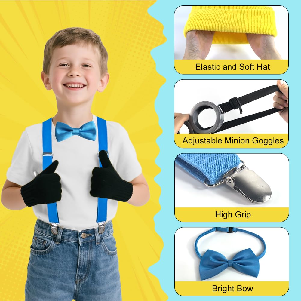 Kostium Minion Dziecko, Okulary Minion Zestaw Kostium Żółty W tym Okulary Steampunk Okulary Czapka Dzianinowe Czapki Czarne Rękawiczki Halloween Kostiumy Cosplay Materiały