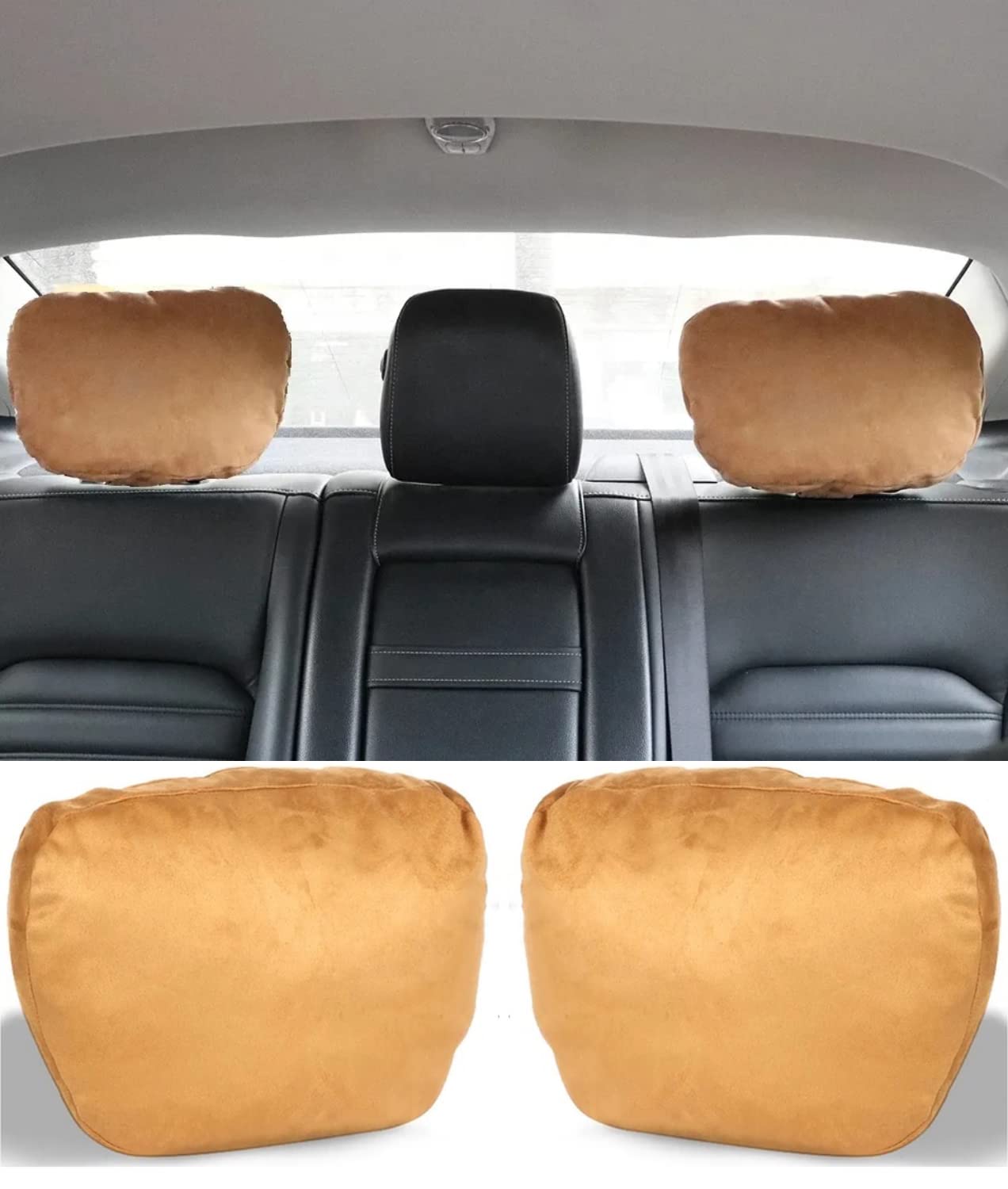 24x7 eMall 2pc Universal Car Soft Pillow Compatible with Mercedes Benz Maybach and All Other Cars Premium Suede Material Luxurious Headrest Ultra S Class Type Cushion Pack of 2 (Tan)
