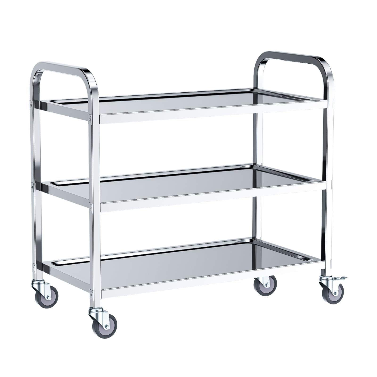 Carrito de Servicio de Acero Inoxidable 304 de 3 estantes, Capacidad 181kg, Ruedas 360° con Freno, para Cocina, Taller, Laboratorio y Restaurante