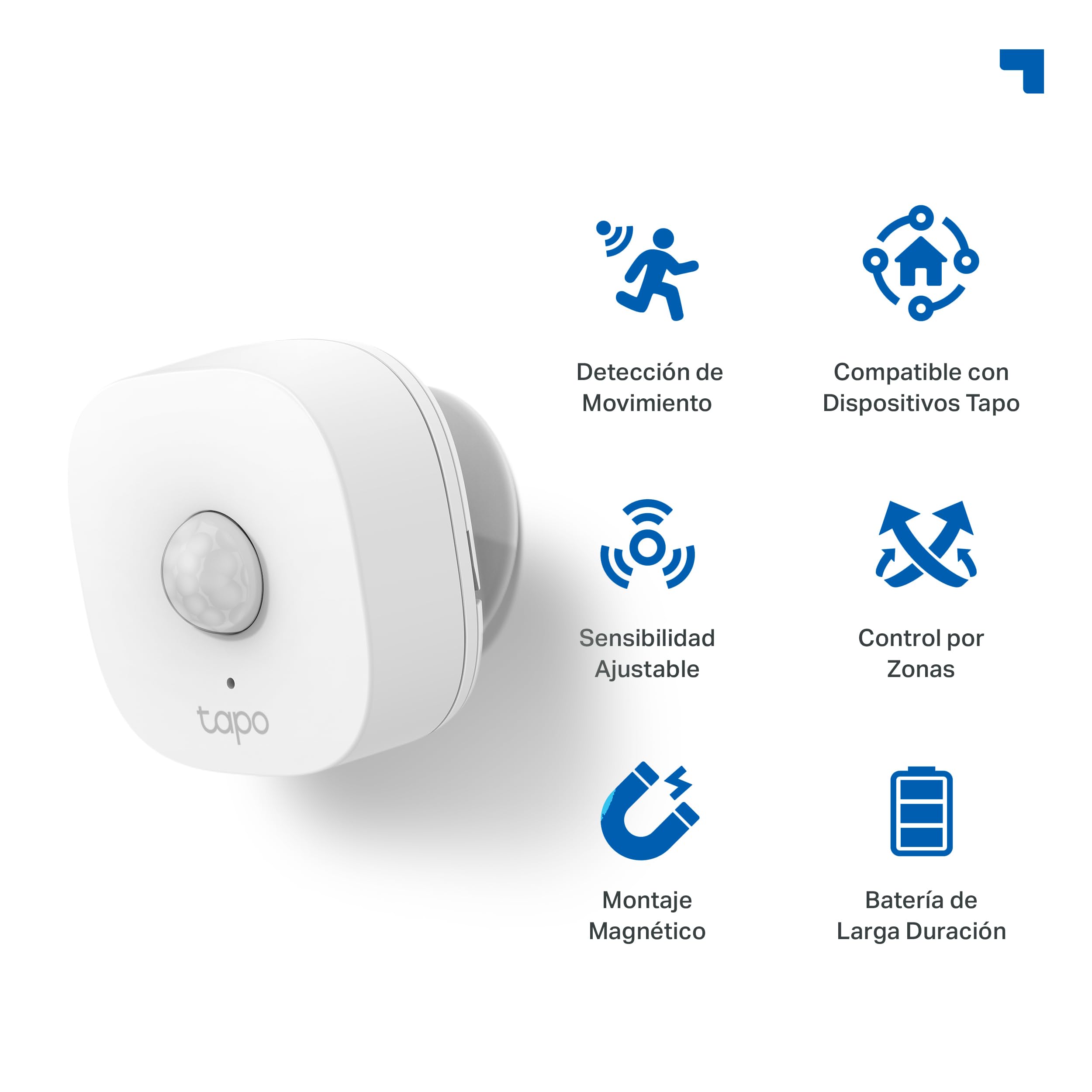 Tapo TP-Link T100 - Detector de Movimiento WiFi, Amplia Cobertura, Sensor de Alarma Antirrobo,Rotación 120º, Montaje Magnético, Control App, Requiere Hub