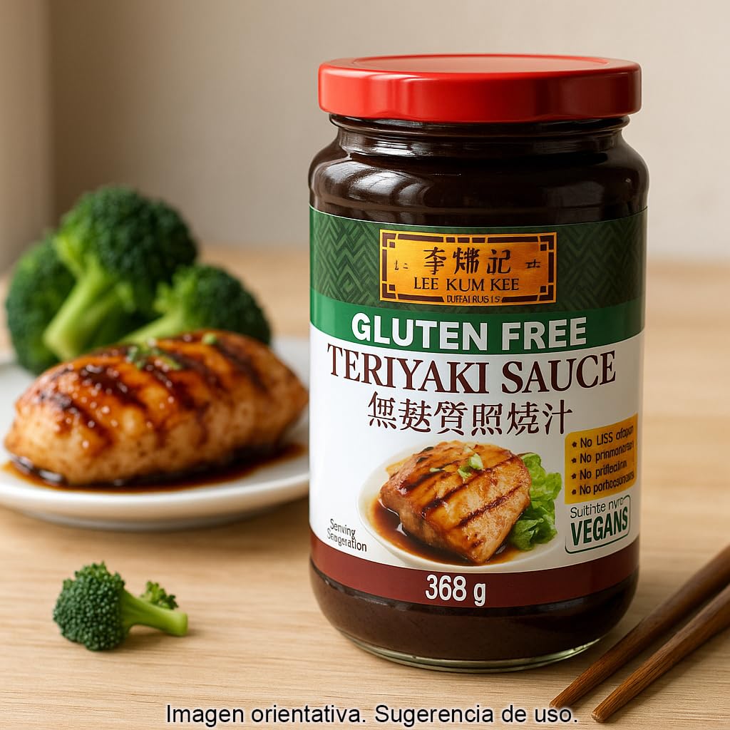 Salsa Teriyaki sin gluten 368 g en frasco de vidrio, ideal para marinar, glasear y saltear carnes, pescado, tofu y verduras, sabor japonés dulce-salado