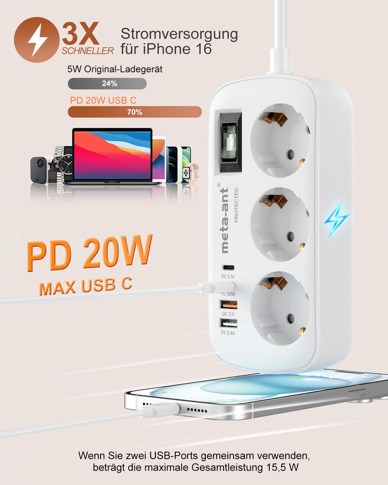 Ciabatta elettrica con USB PD20W, 3 prese, con protezione da sovratensione, 4000 W, presa con 4 USB (2 USB-C), 3 metri, presa elettrica a parete, per casa, ufficio, bianco