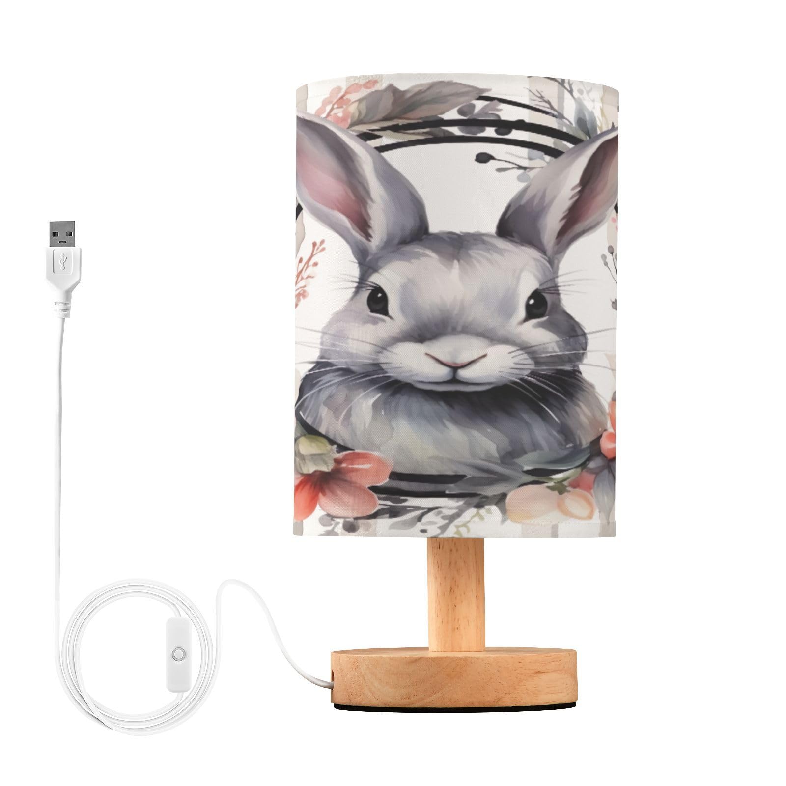 SDMKA Watercolor Bunny Bedside Table Lamp for Bedroom, Minimalist Nightstand Lamp with Round Fabric Shade for Living Room, Office, No Bulb Required