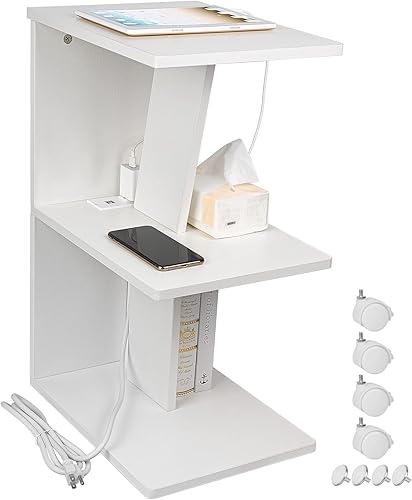 SZLHANJZ Mesa auxiliar estrecha mesa auxiliar pequeña para espacios pequeños mesita de noche moderna de 3 niveles con estación de carga mesa