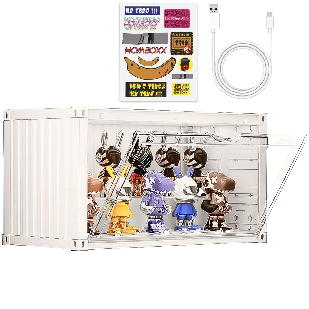 Display Case for Mini Action Figures with Voice-Activated Light,2 Tier Display Storage Box Countertop,Stackable Dustproof Protection Showcase for Collectibles Pop Figures and Toys(White)