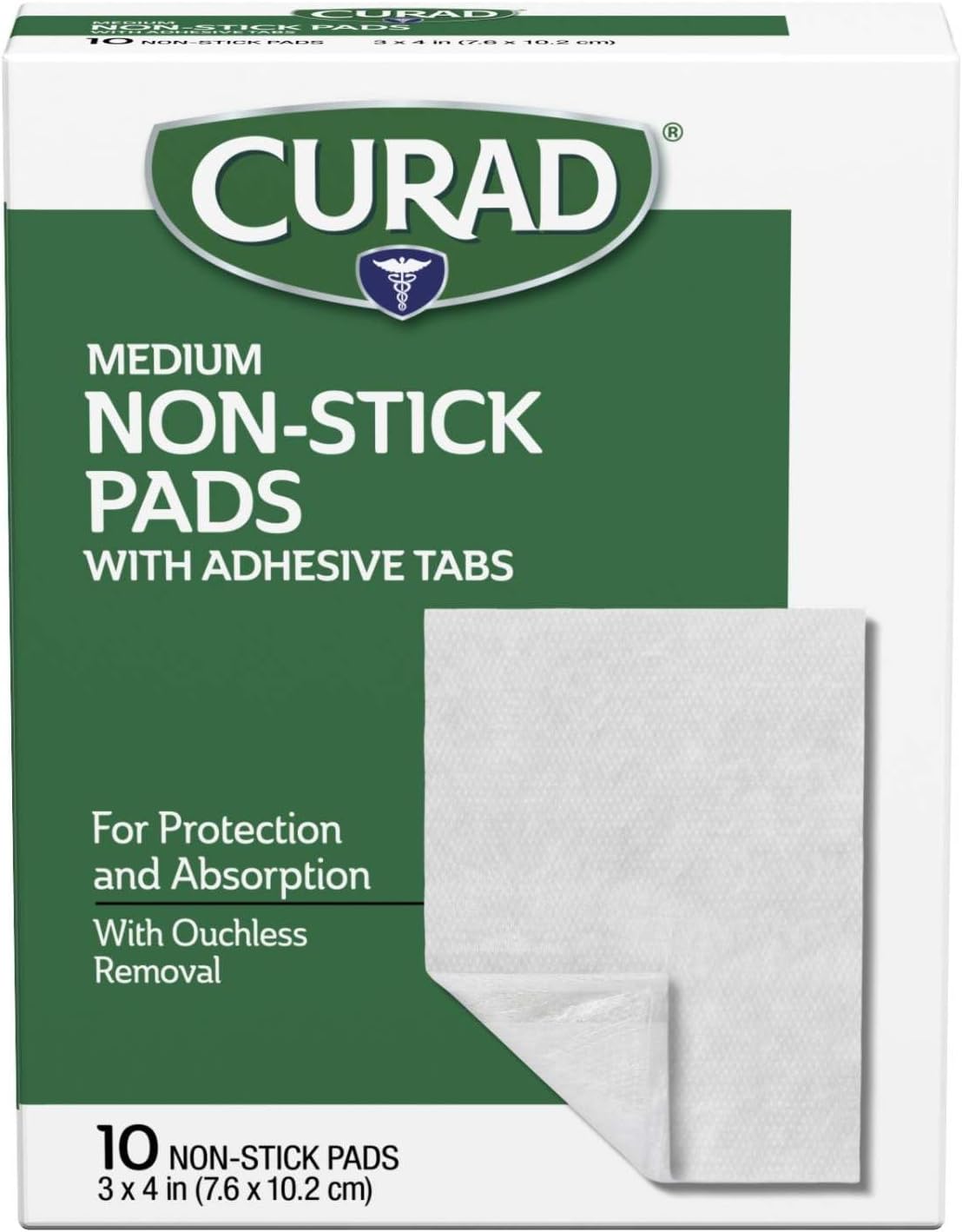 CURAD Sterile Non-Stick Pads with Adhesive Tabs, 3 x 4 in, Box of 10