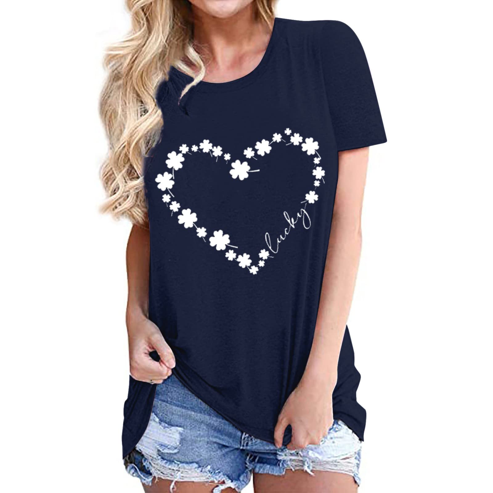 Women's Breathable Round Neck Blouses Temperament St. Patrick's Day Print Tops Classic-Fit Short Sleeve T Shirt